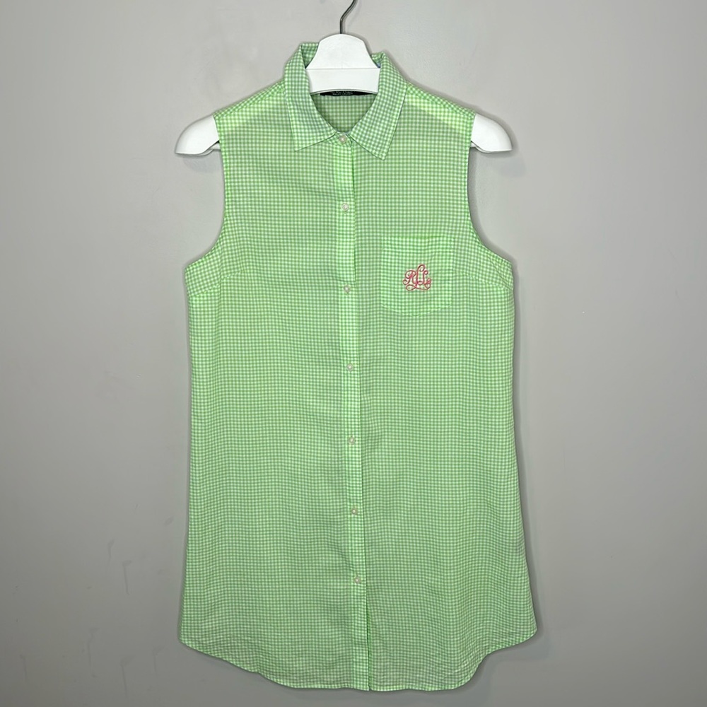 Lauren Ralph Lauren Green and White Gingham Check Button Down Sleeveless Dress
